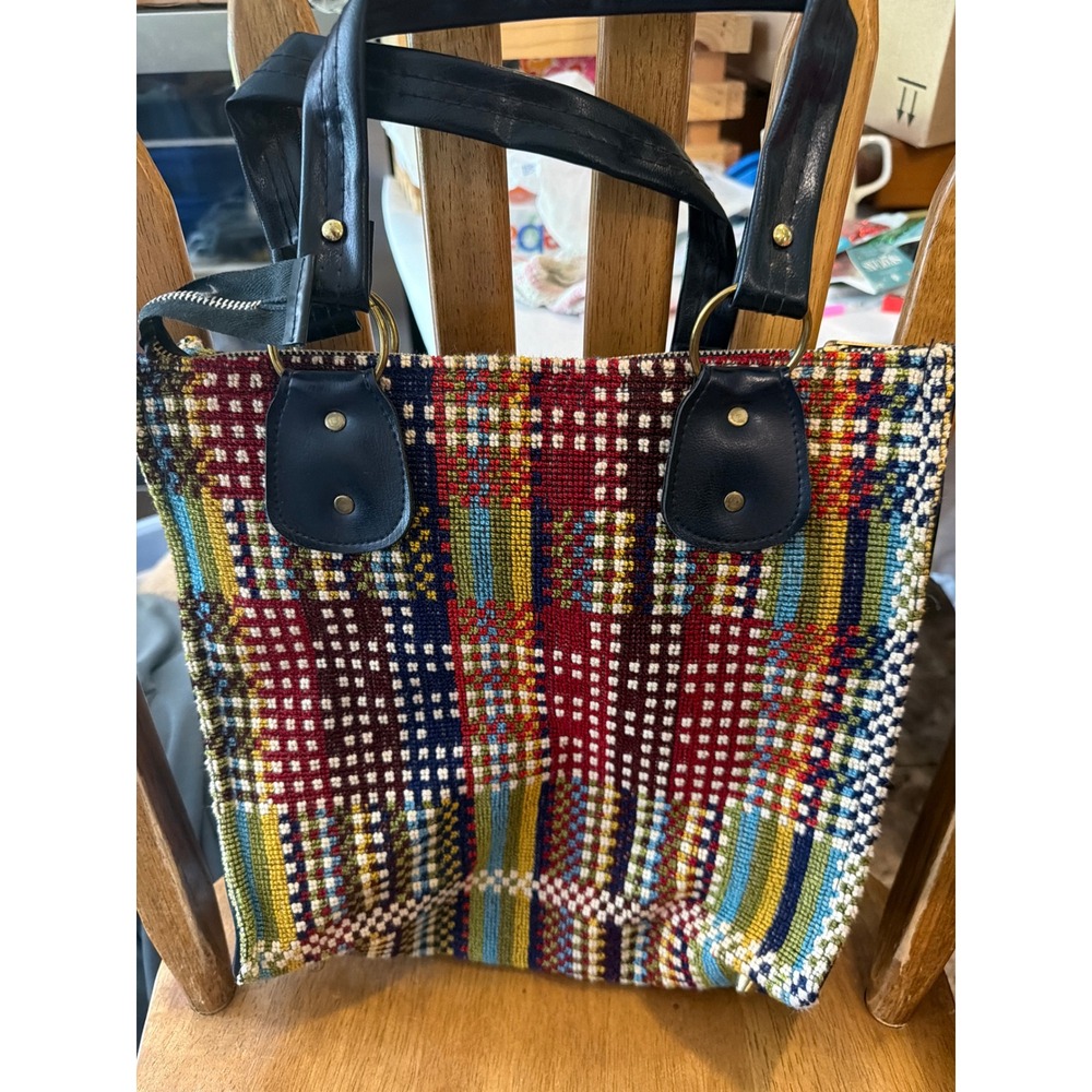 Vintage Needlepoint Tapestry Tote Bag Multi Color Plaid Geometric Shoulder Bag